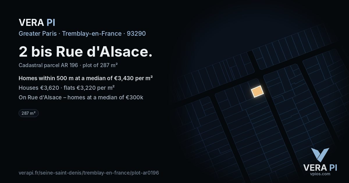 2 bis Rue d'Alsace, Tremblay-en-France at night – the plot lit, the parcels around coloured by the prices near them