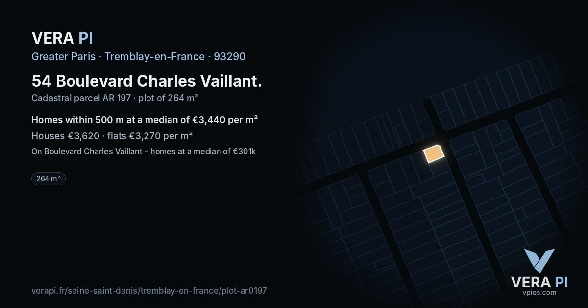 54 Boulevard Charles Vaillant, Tremblay-en-France at night – the plot lit, the parcels around coloured by the prices near them