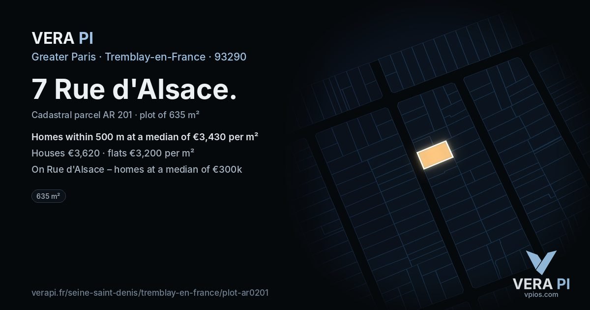 7 Rue d'Alsace, Tremblay-en-France at night – the plot lit, the parcels around coloured by the prices near them