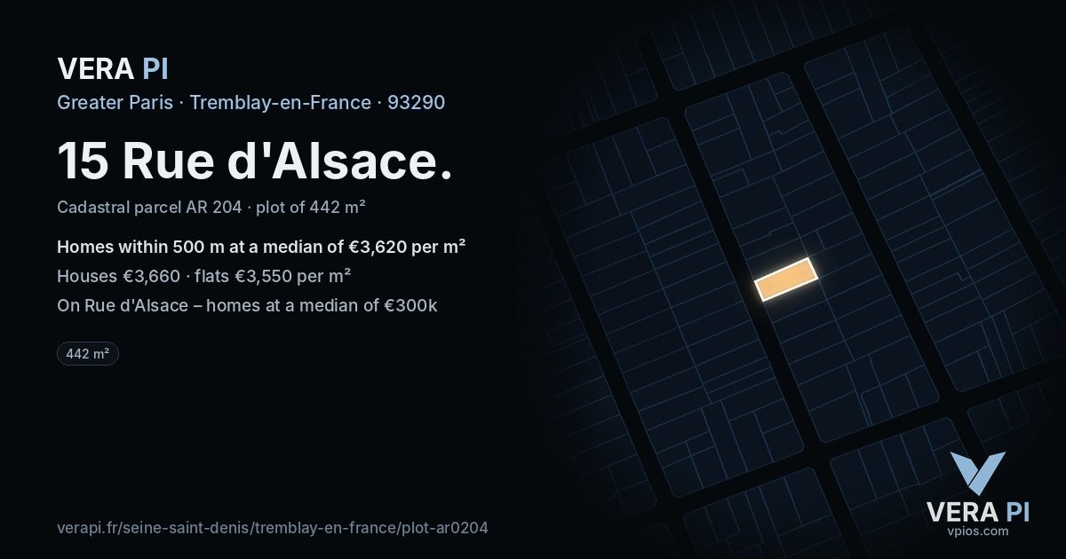 15 Rue d'Alsace, Tremblay-en-France at night – the plot lit, the parcels around coloured by the prices near them