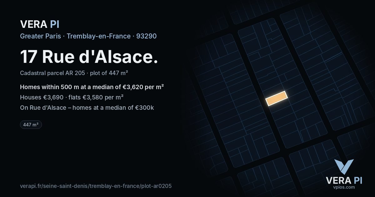 17 Rue d'Alsace, Tremblay-en-France at night – the plot lit, the parcels around coloured by the prices near them