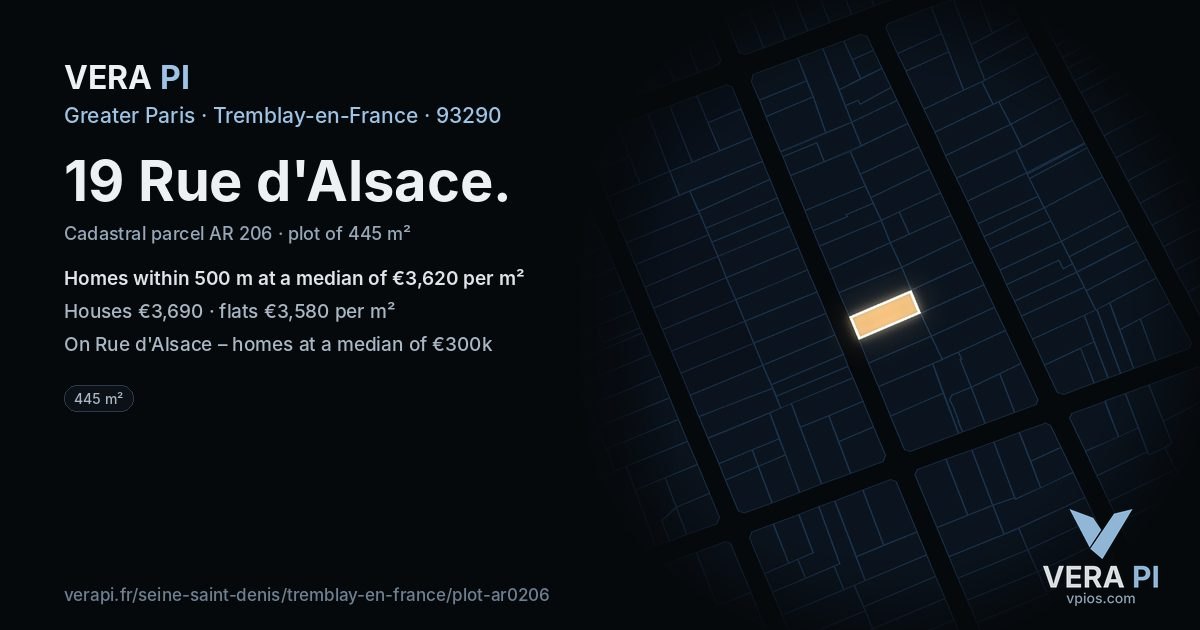 19 Rue d'Alsace, Tremblay-en-France at night – the plot lit, the parcels around coloured by the prices near them
