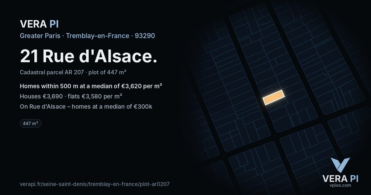 21 Rue d'Alsace, Tremblay-en-France at night – the plot lit, the parcels around coloured by the prices near them