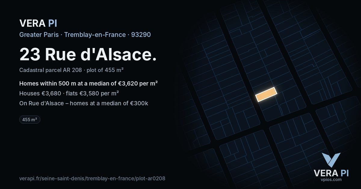 23 Rue d'Alsace, Tremblay-en-France at night – the plot lit, the parcels around coloured by the prices near them