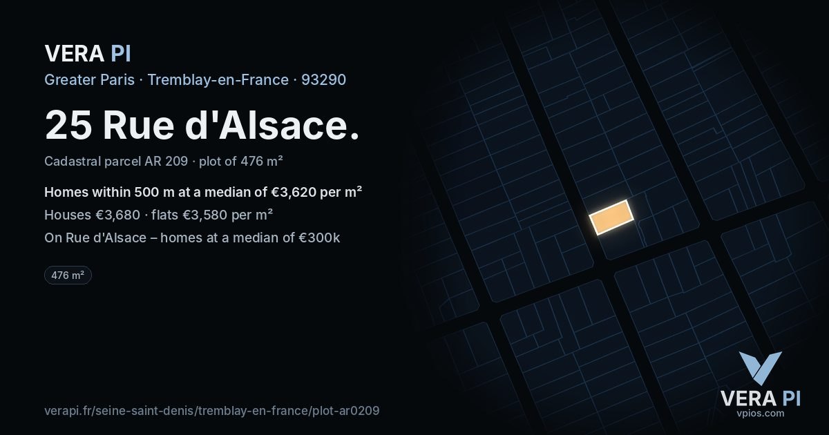 25 Rue d'Alsace, Tremblay-en-France at night – the plot lit, the parcels around coloured by the prices near them