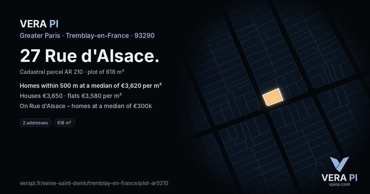 27 Rue d'Alsace, Tremblay-en-France at night – the plot lit, the parcels around coloured by the prices near them