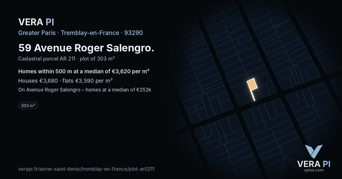 59 Avenue Roger Salengro, Tremblay-en-France at night – the plot lit, the parcels around coloured by the prices near them