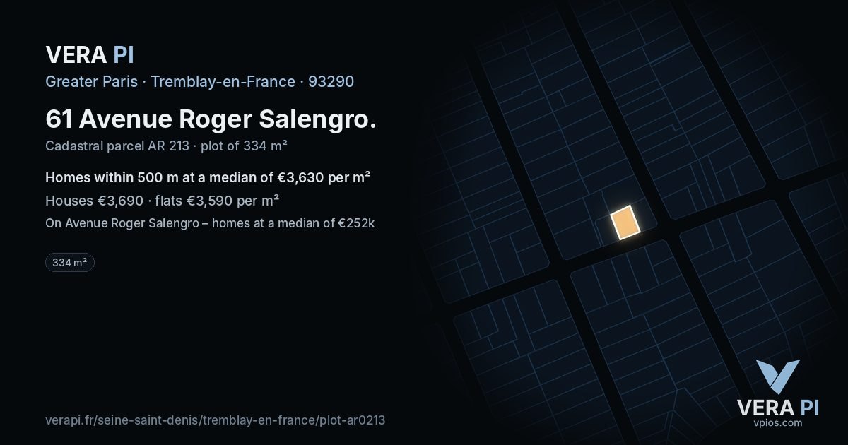 61 Avenue Roger Salengro, Tremblay-en-France at night – the plot lit, the parcels around coloured by the prices near them