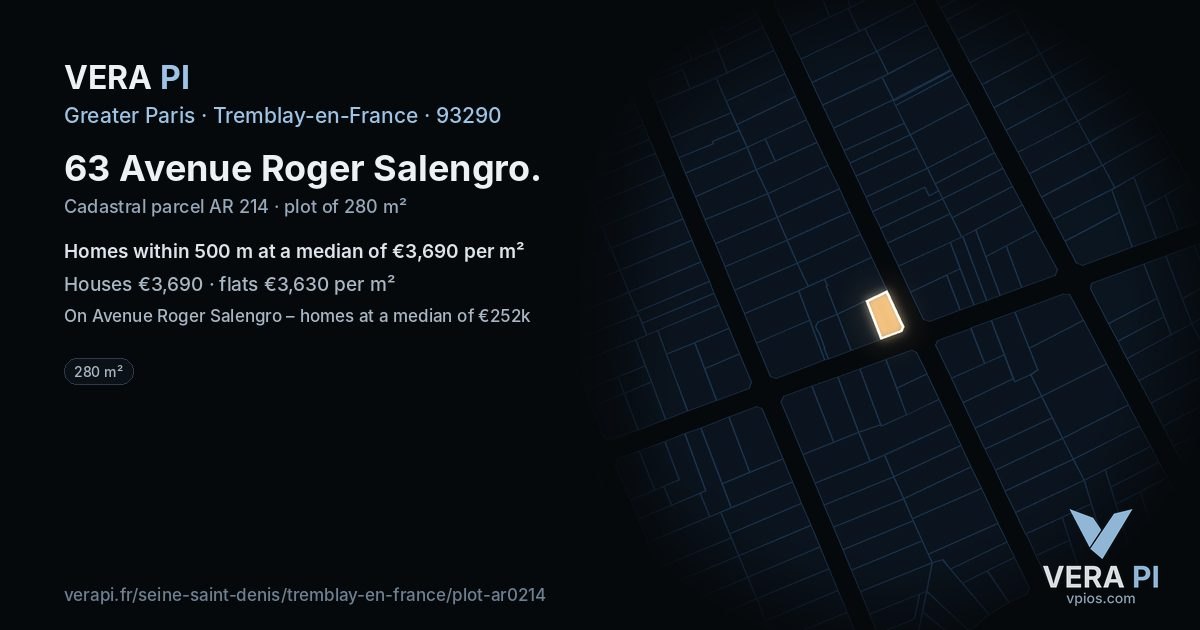 63 Avenue Roger Salengro, Tremblay-en-France at night – the plot lit, the parcels around coloured by the prices near them