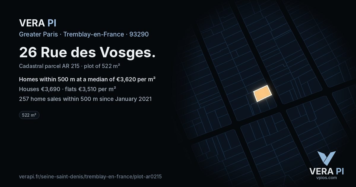 26 Rue des Vosges, Tremblay-en-France at night – the plot lit, the parcels around coloured by the prices near them