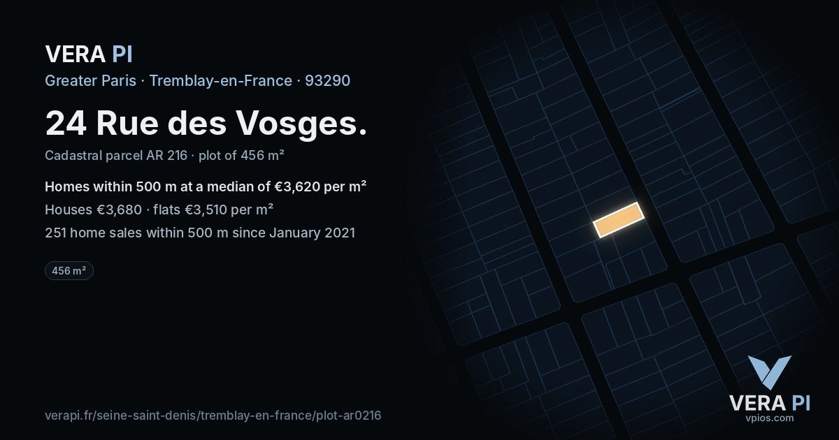 24 Rue des Vosges, Tremblay-en-France at night – the plot lit, the parcels around coloured by the prices near them