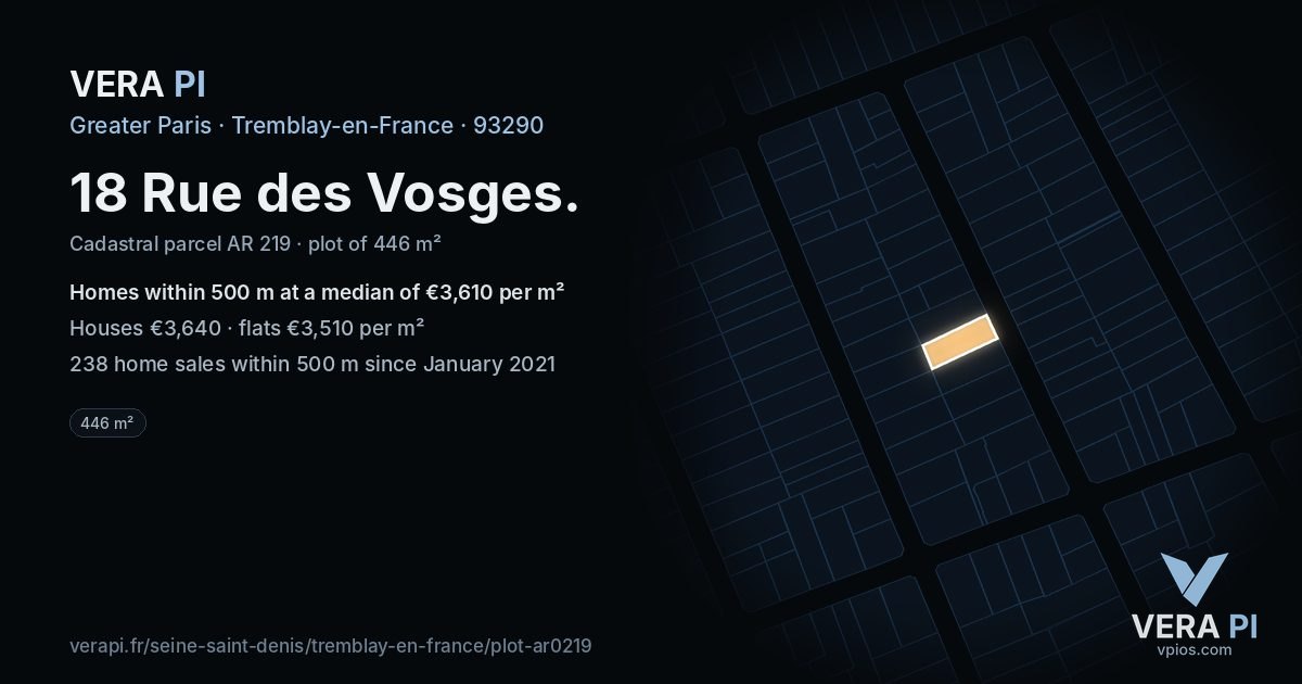 18 Rue des Vosges, Tremblay-en-France at night – the plot lit, the parcels around coloured by the prices near them