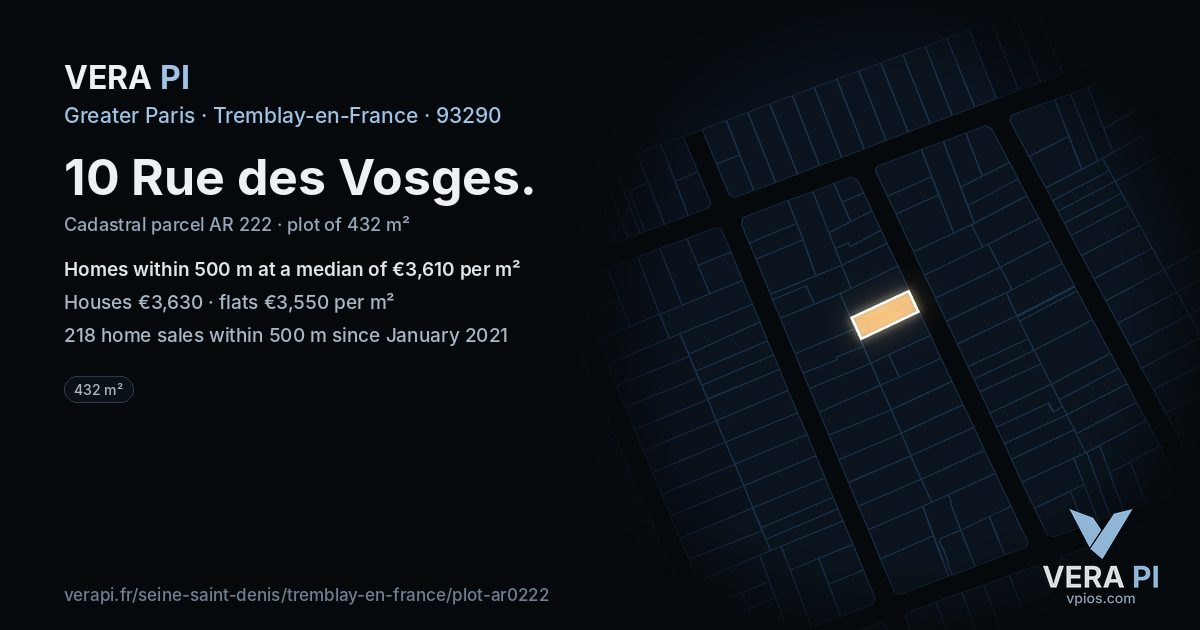 10 Rue des Vosges, Tremblay-en-France at night – the plot lit, the parcels around coloured by the prices near them