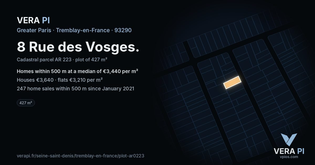 8 Rue des Vosges, Tremblay-en-France at night – the plot lit, the parcels around coloured by the prices near them