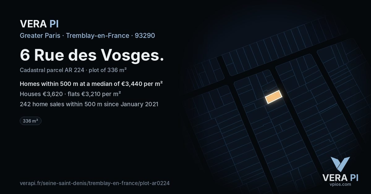 6 Rue des Vosges, Tremblay-en-France at night – the plot lit, the parcels around coloured by the prices near them