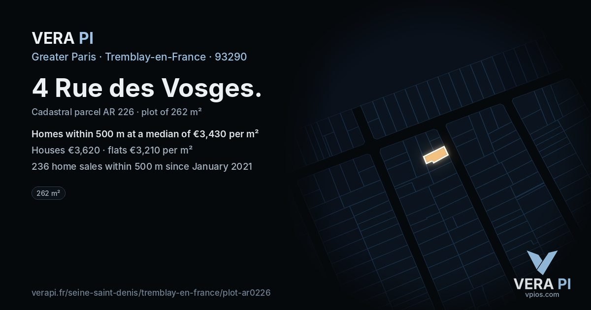 4 Rue des Vosges, Tremblay-en-France at night – the plot lit, the parcels around coloured by the prices near them