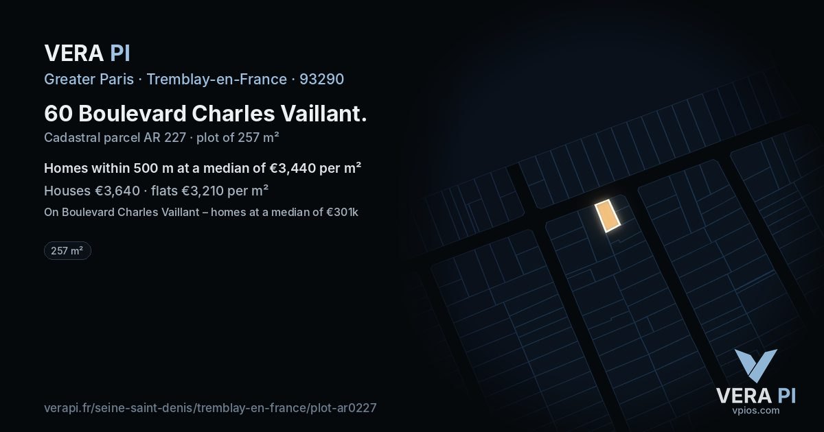 60 Boulevard Charles Vaillant, Tremblay-en-France at night – the plot lit, the parcels around coloured by the prices near them
