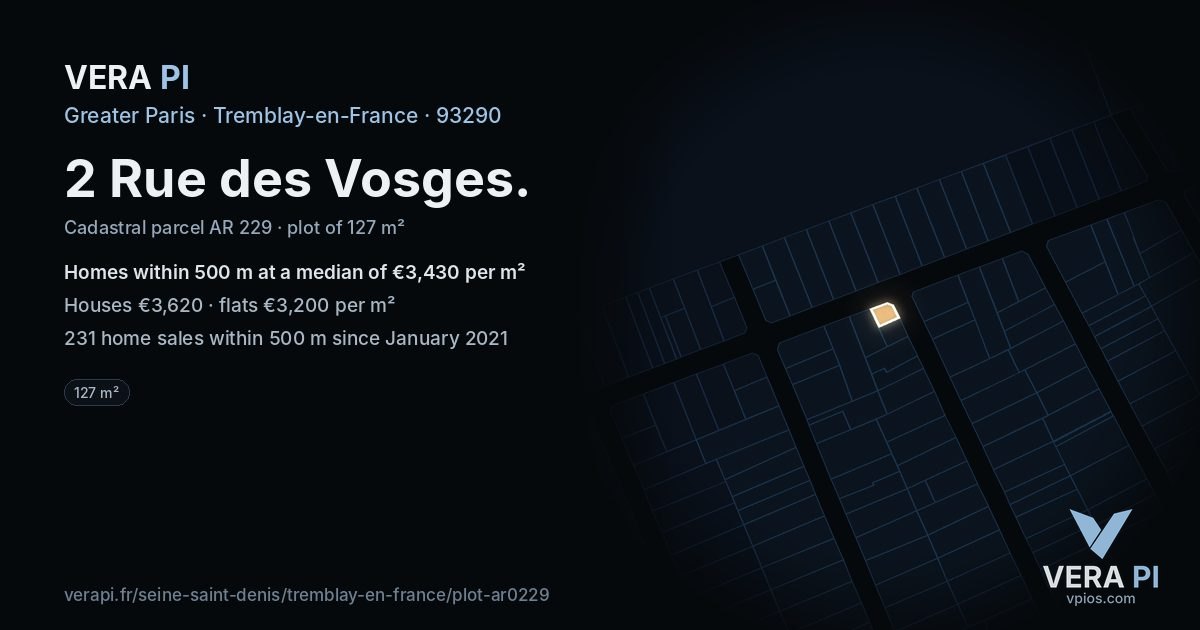 2 Rue des Vosges, Tremblay-en-France at night – the plot lit, the parcels around coloured by the prices near them