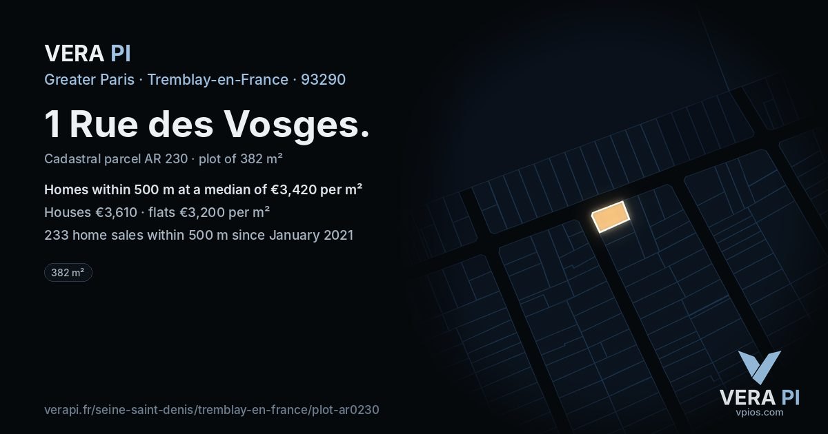 1 Rue des Vosges, Tremblay-en-France at night – the plot lit, the parcels around coloured by the prices near them