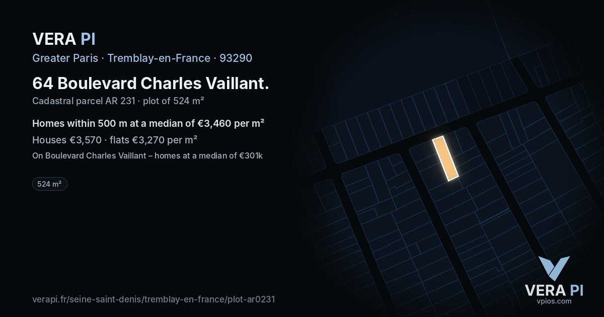 64 Boulevard Charles Vaillant, Tremblay-en-France at night – the plot lit, the parcels around coloured by the prices near them