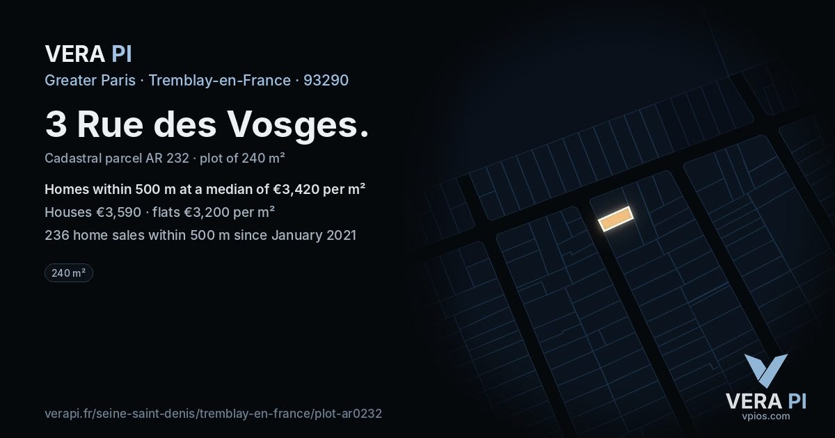 3 Rue des Vosges, Tremblay-en-France at night – the plot lit, the parcels around coloured by the prices near them