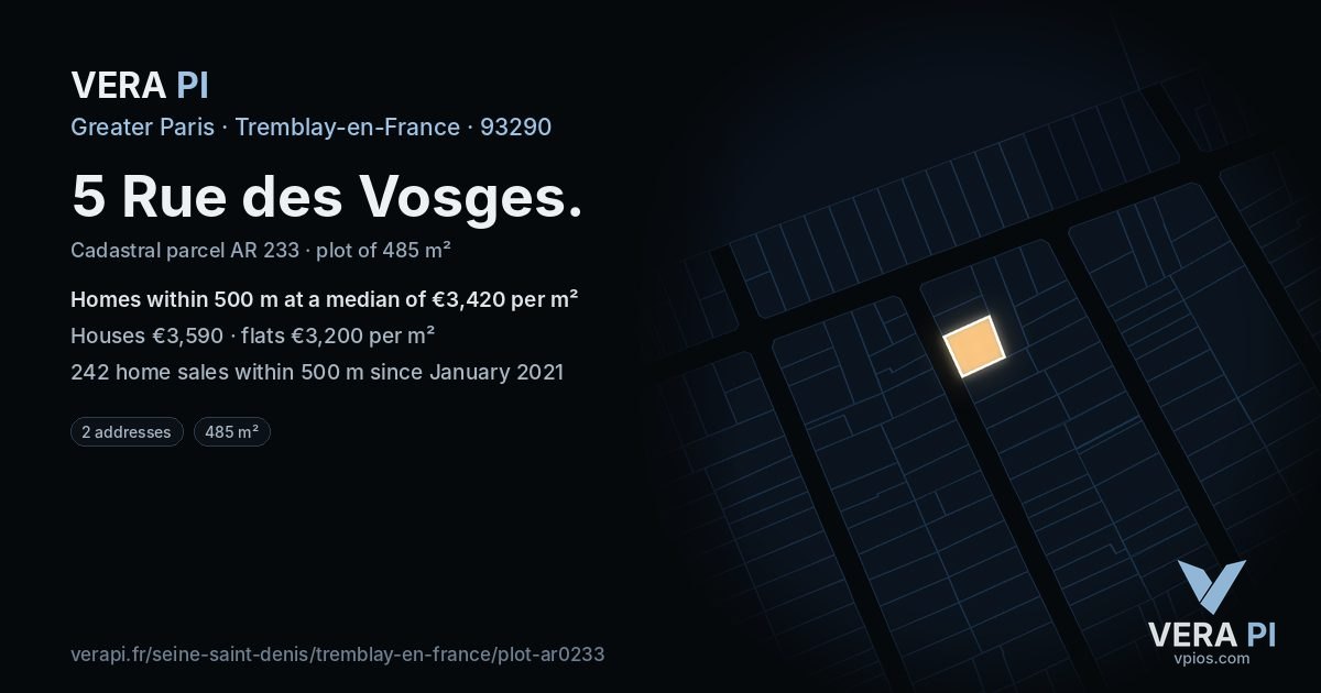 5 Rue des Vosges, Tremblay-en-France at night – the plot lit, the parcels around coloured by the prices near them