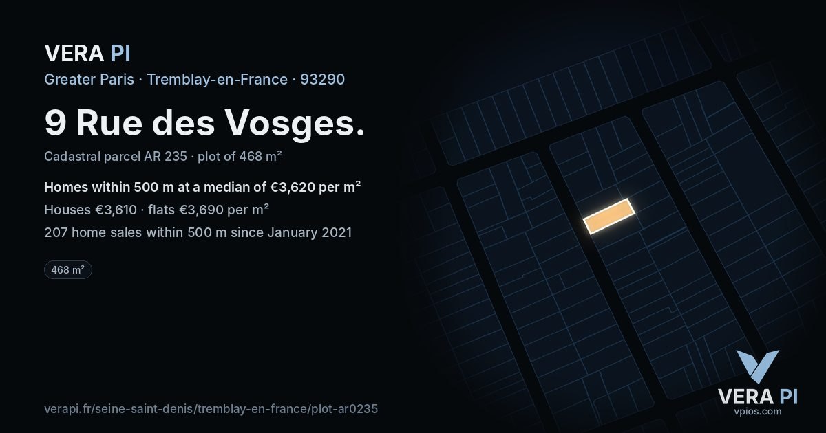 9 Rue des Vosges, Tremblay-en-France at night – the plot lit, the parcels around coloured by the prices near them