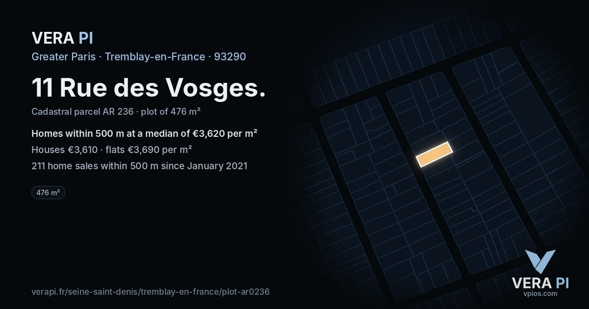 11 Rue des Vosges, Tremblay-en-France at night – the plot lit, the parcels around coloured by the prices near them