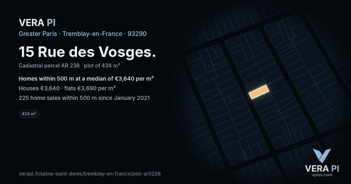 15 Rue des Vosges, Tremblay-en-France at night – the plot lit, the parcels around coloured by the prices near them