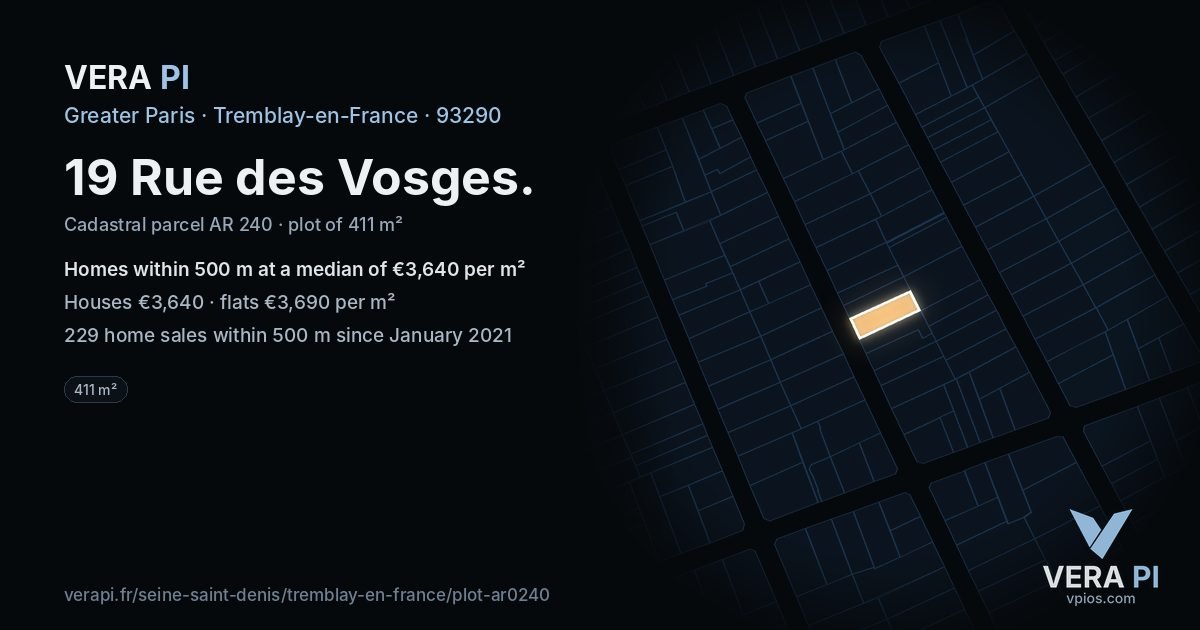 19 Rue des Vosges, Tremblay-en-France at night – the plot lit, the parcels around coloured by the prices near them
