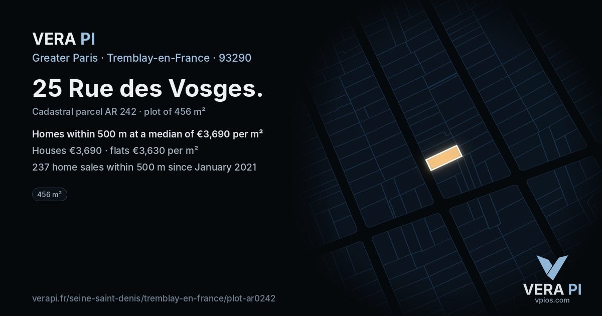 25 Rue des Vosges, Tremblay-en-France at night – the plot lit, the parcels around coloured by the prices near them
