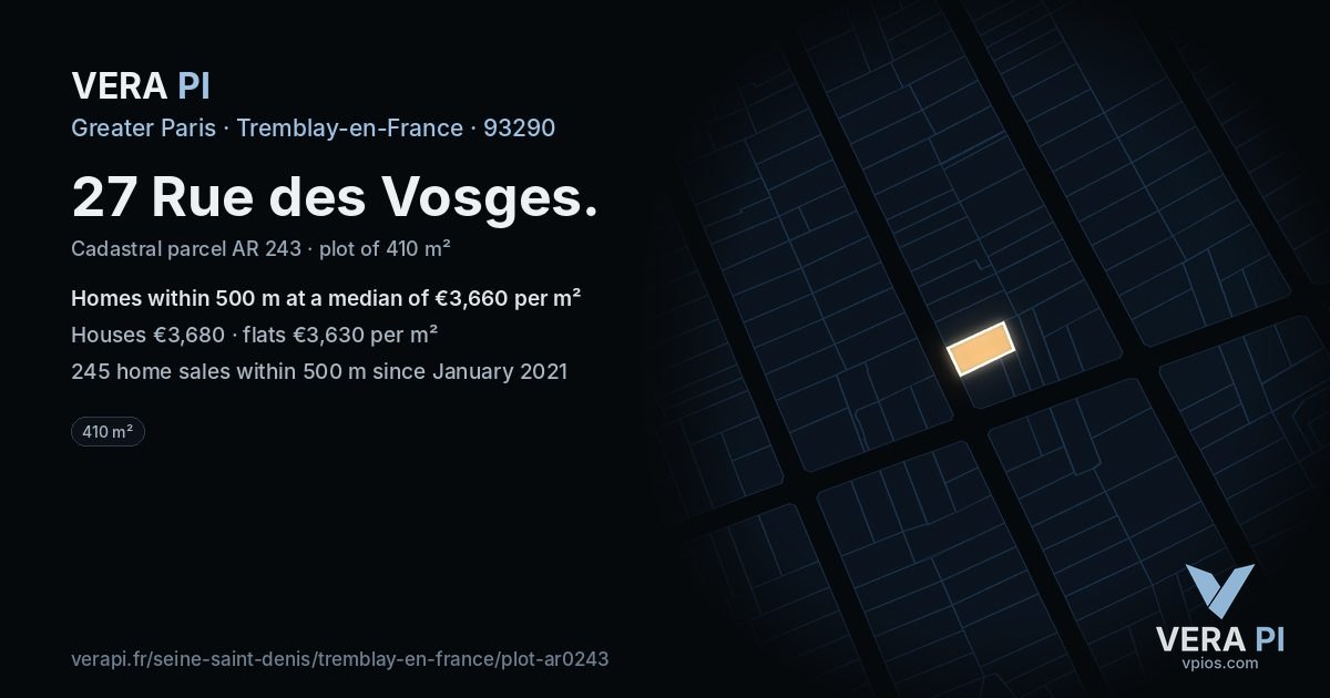 27 Rue des Vosges, Tremblay-en-France at night – the plot lit, the parcels around coloured by the prices near them