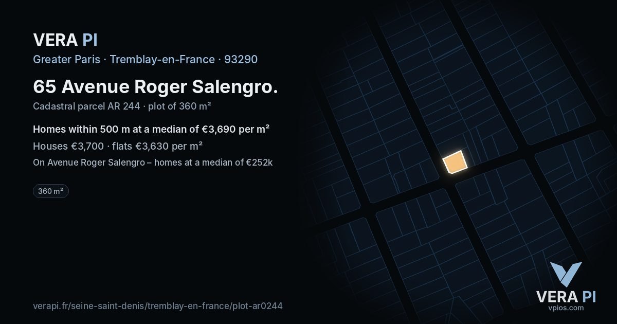 65 Avenue Roger Salengro, Tremblay-en-France at night – the plot lit, the parcels around coloured by the prices near them