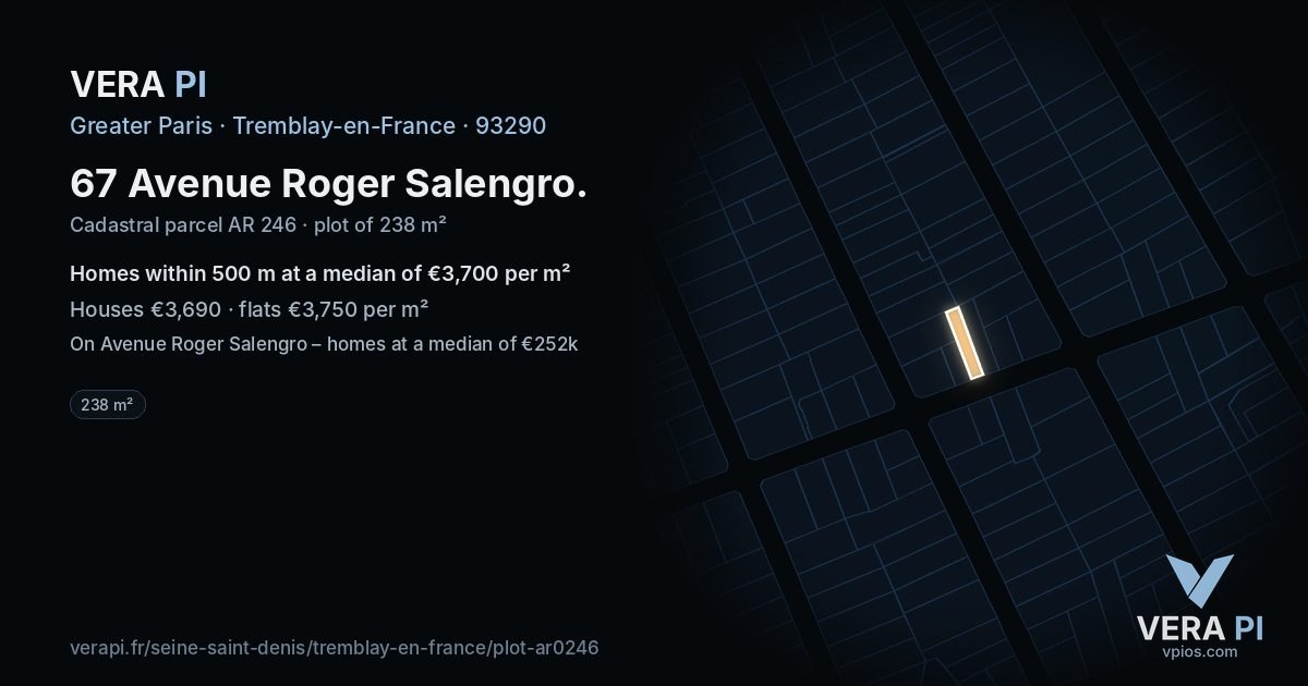 67 Avenue Roger Salengro, Tremblay-en-France at night – the plot lit, the parcels around coloured by the prices near them