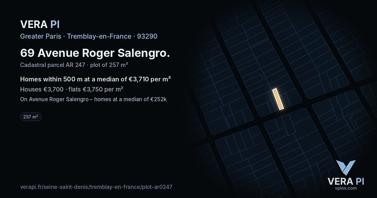 69 Avenue Roger Salengro, Tremblay-en-France at night – the plot lit, the parcels around coloured by the prices near them