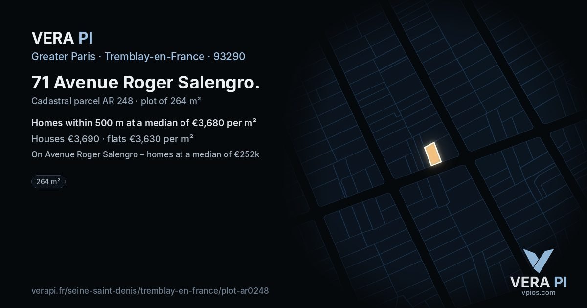 71 Avenue Roger Salengro, Tremblay-en-France at night – the plot lit, the parcels around coloured by the prices near them