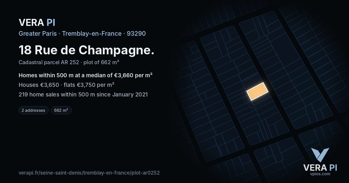 18 Rue de Champagne, Tremblay-en-France at night – the plot lit, the parcels around coloured by the prices near them