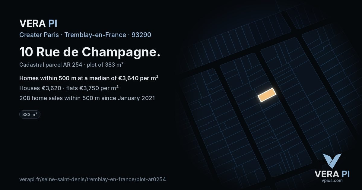 10 Rue de Champagne, Tremblay-en-France at night – the plot lit, the parcels around coloured by the prices near them