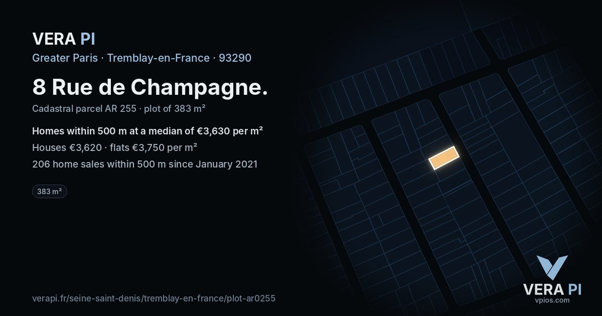 8 Rue de Champagne, Tremblay-en-France at night – the plot lit, the parcels around coloured by the prices near them