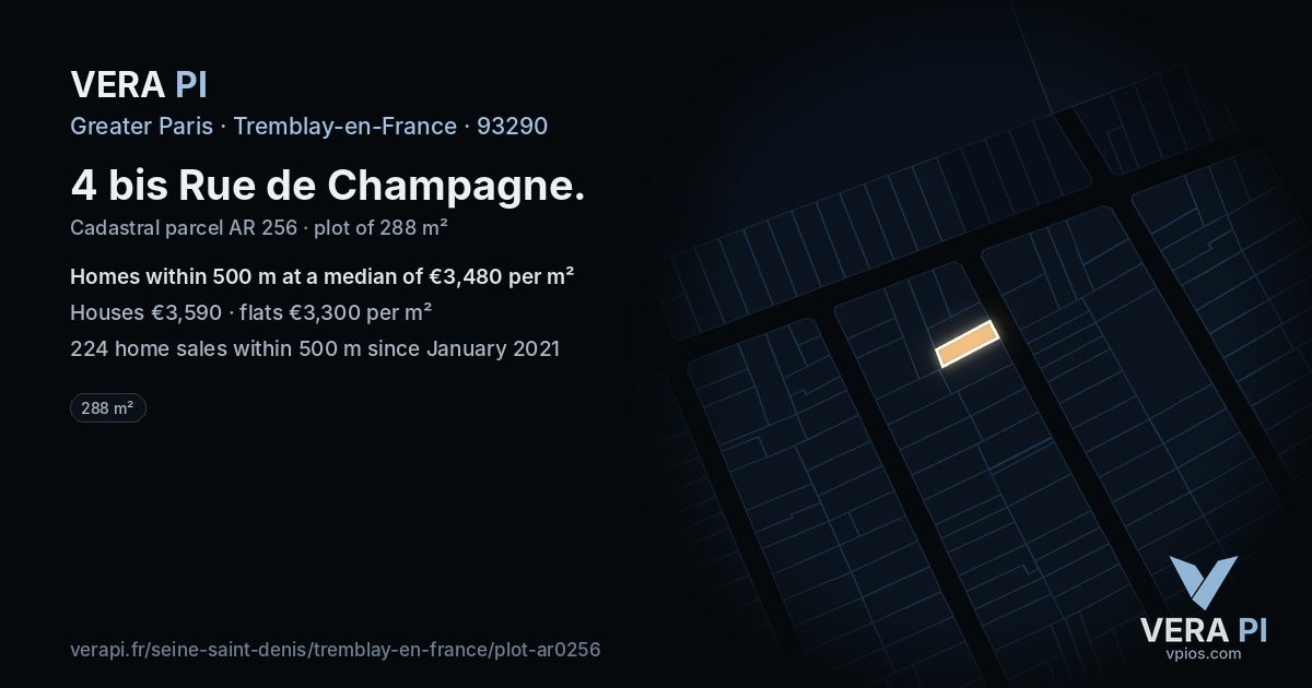 4 bis Rue de Champagne, Tremblay-en-France at night – the plot lit, the parcels around coloured by the prices near them