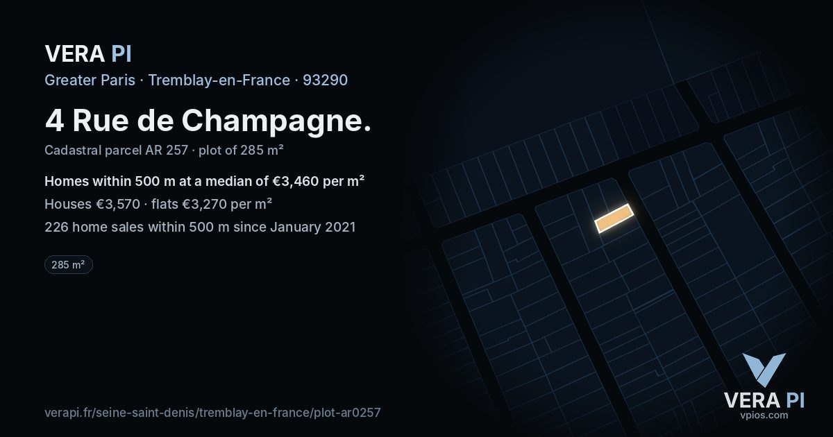4 Rue de Champagne, Tremblay-en-France at night – the plot lit, the parcels around coloured by the prices near them