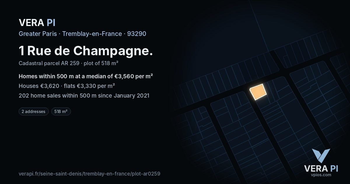 1 Rue de Champagne, Tremblay-en-France at night – the plot lit, the parcels around coloured by the prices near them