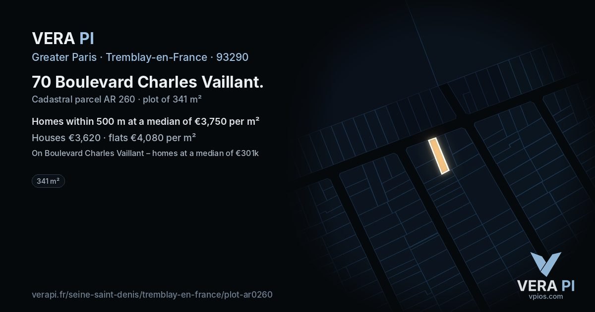 70 Boulevard Charles Vaillant, Tremblay-en-France at night – the plot lit, the parcels around coloured by the prices near them