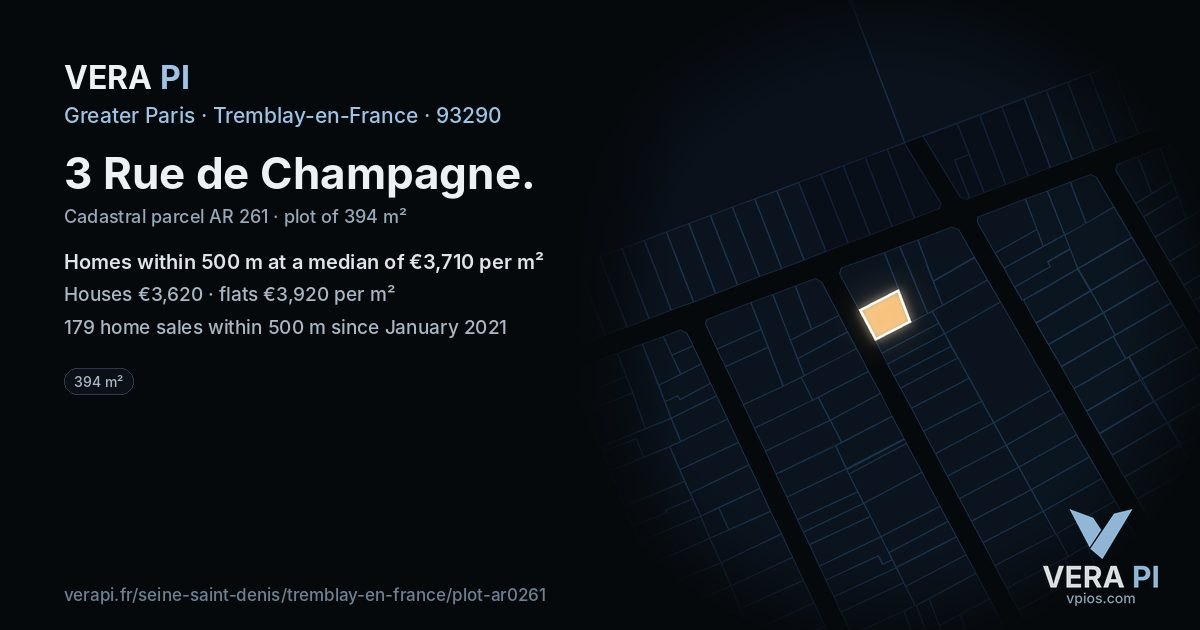 3 Rue de Champagne, Tremblay-en-France at night – the plot lit, the parcels around coloured by the prices near them