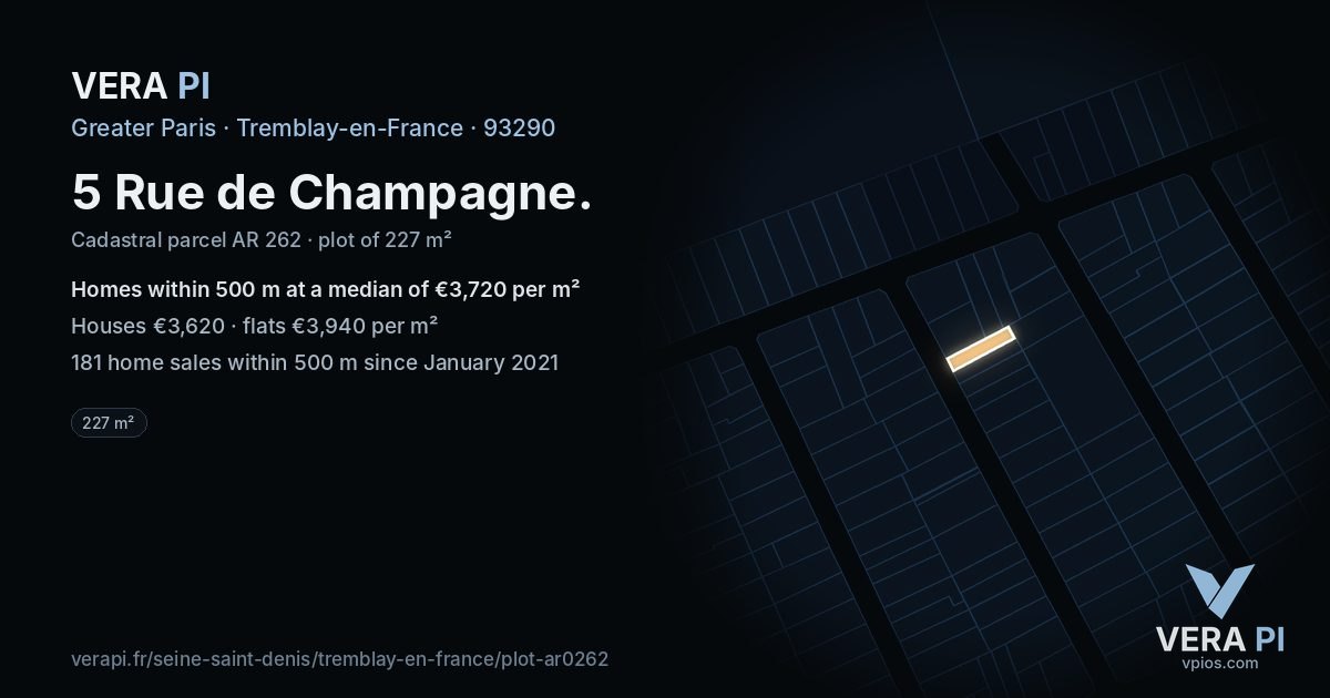 5 Rue de Champagne, Tremblay-en-France at night – the plot lit, the parcels around coloured by the prices near them