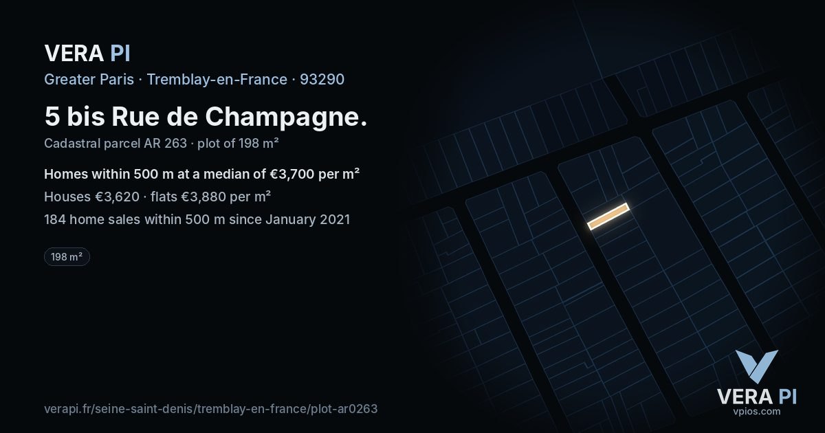 5 bis Rue de Champagne, Tremblay-en-France at night – the plot lit, the parcels around coloured by the prices near them