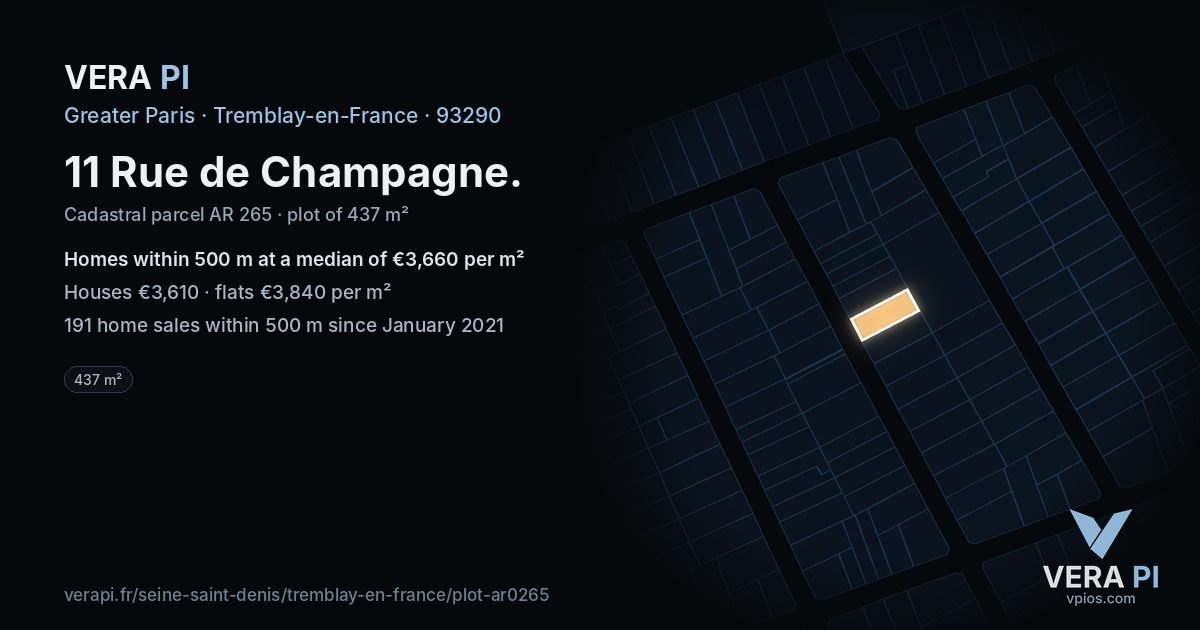 11 Rue de Champagne, Tremblay-en-France at night – the plot lit, the parcels around coloured by the prices near them