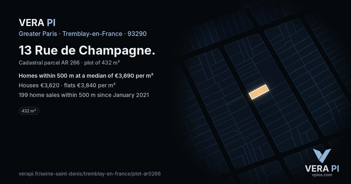 13 Rue de Champagne, Tremblay-en-France at night – the plot lit, the parcels around coloured by the prices near them