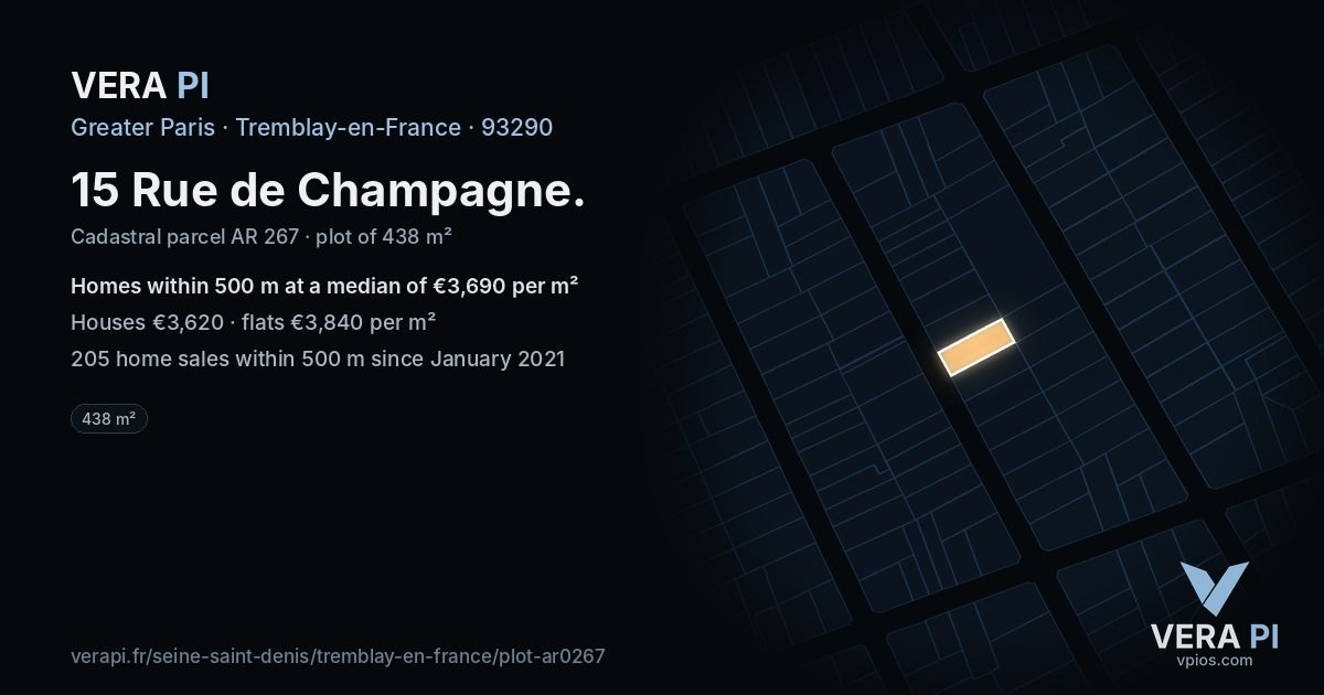 15 Rue de Champagne, Tremblay-en-France at night – the plot lit, the parcels around coloured by the prices near them