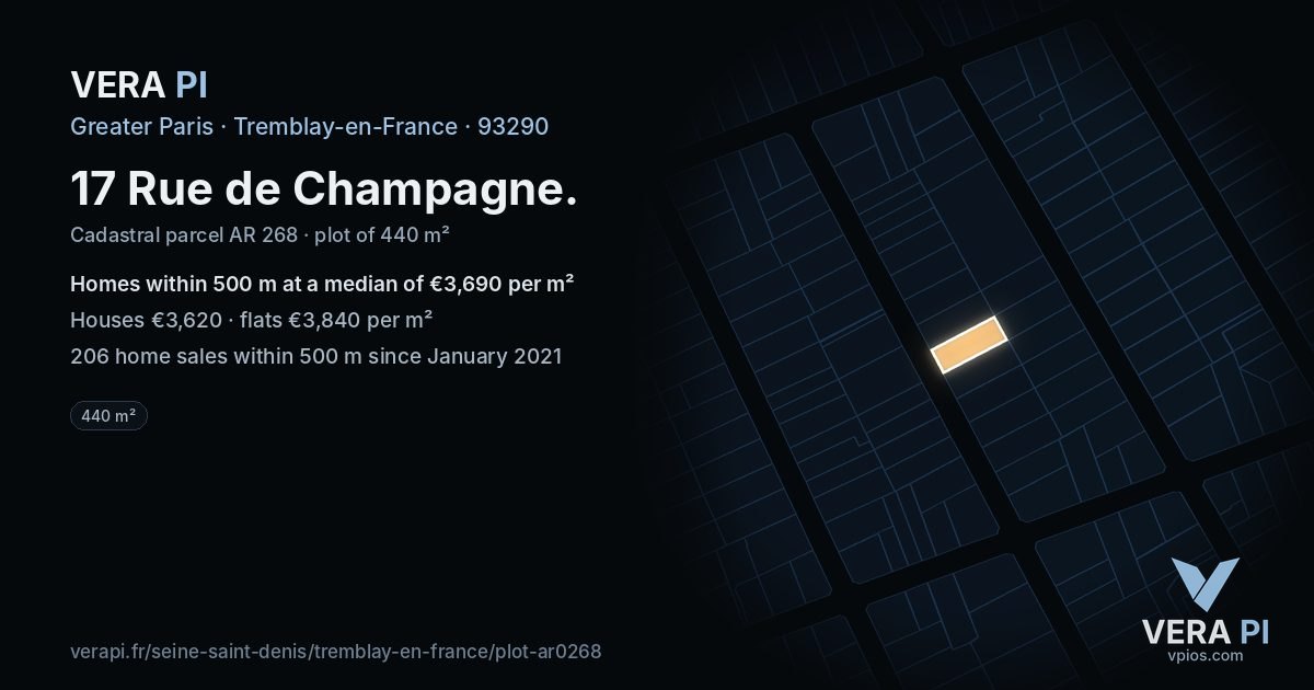 17 Rue de Champagne, Tremblay-en-France at night – the plot lit, the parcels around coloured by the prices near them